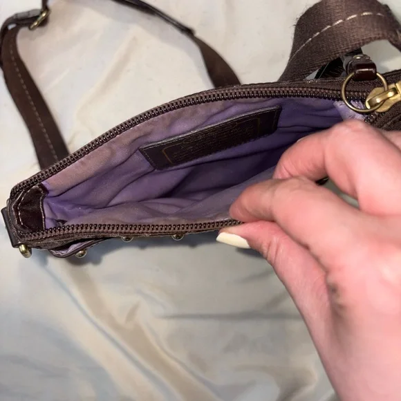 Coach Signature Jacquard Chocolate Brown Studded Crossbody Purse - Picture 5 of 10